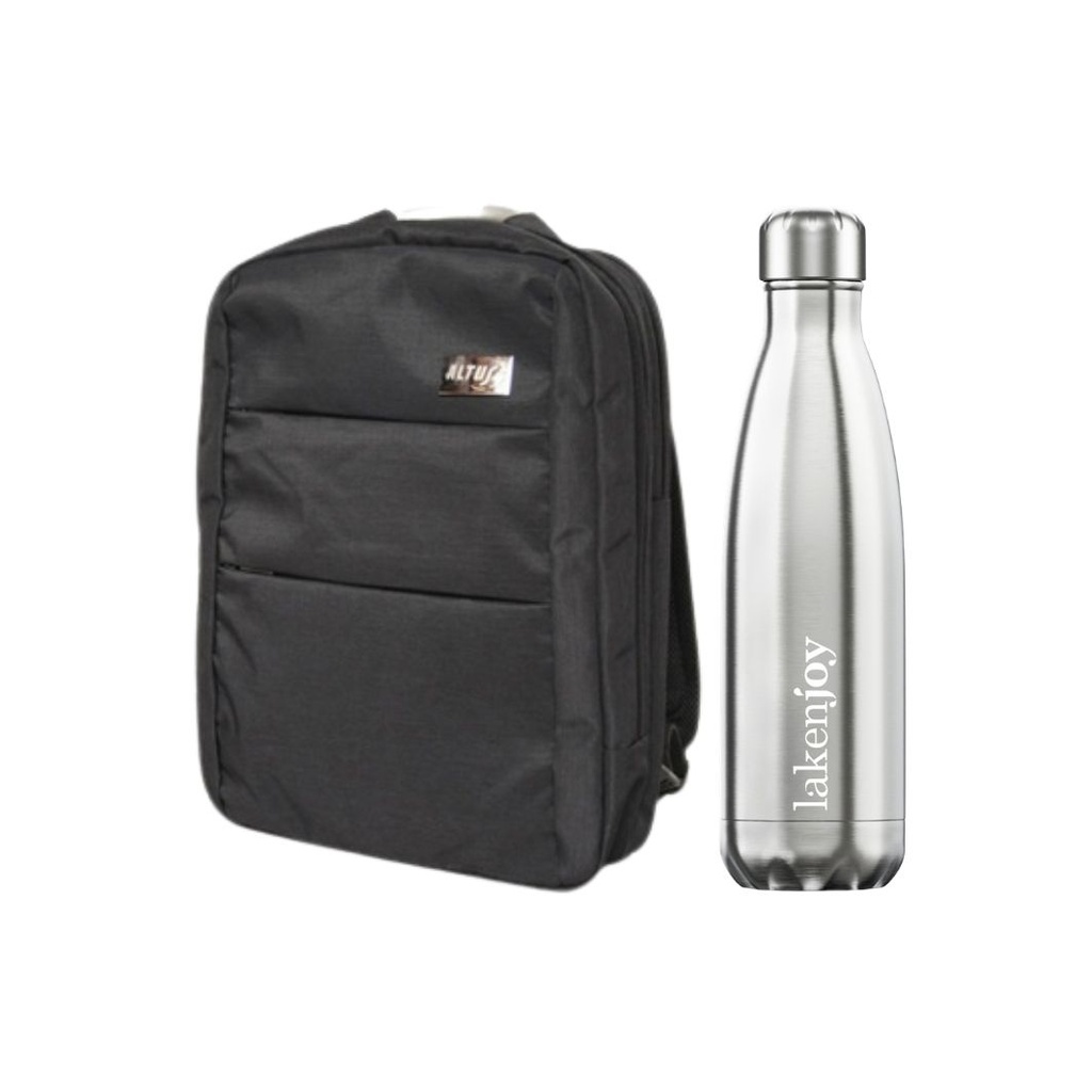 PACK MOCHILA CHICAGO NEGRO + BOTELLA LAKENJOY ACERO - ALTUS/LAKEN